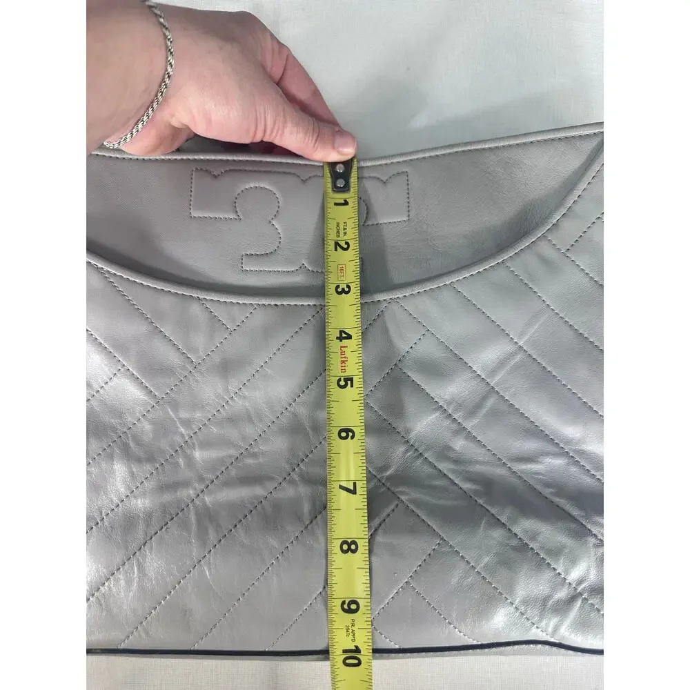 Tory Burch Alexa Quilted Slouchy Soft Leather Tote Purse Grey Pewter Chain